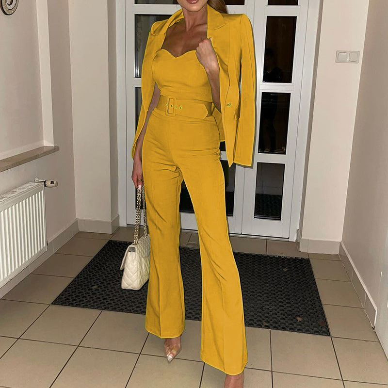 Women's Fashion Long Sleeve Small Suit Jumpsuit Two-piece Suit with Blazer - Clothing Personality