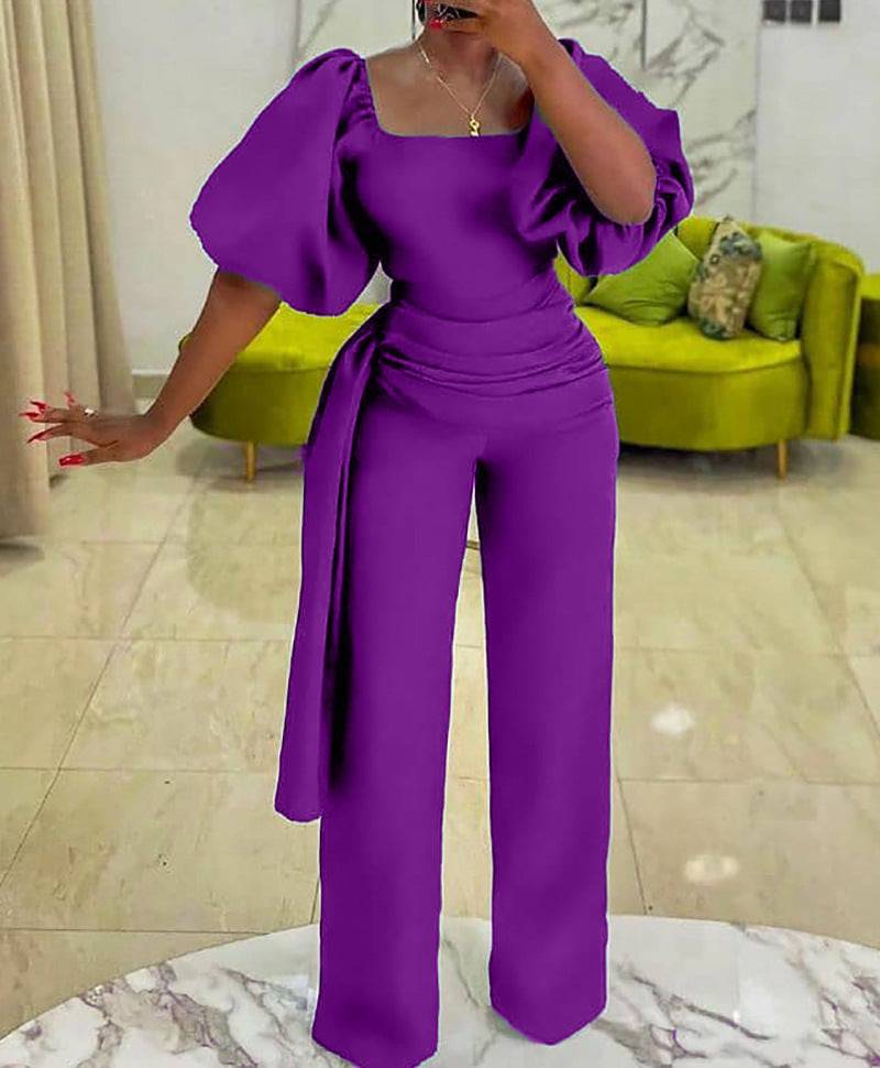 Puff Sleeve Jumpsuit for Women in Green - High Rise, Belted, and Stylish"