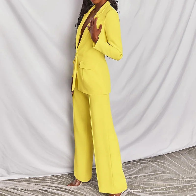 2 Piece Set Yellow Elegant Solid Long Sleeve Business Work Blazer Suit And Pants For Women Autumn Classic OL Street Outfit - Clothing Personality