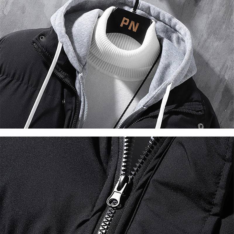 Fashion Hooded Jacket Men Winter Windproof Thickened Fake Two-piece Coat Solid Leisure Sports Cotton Jacket - Clothing Personality