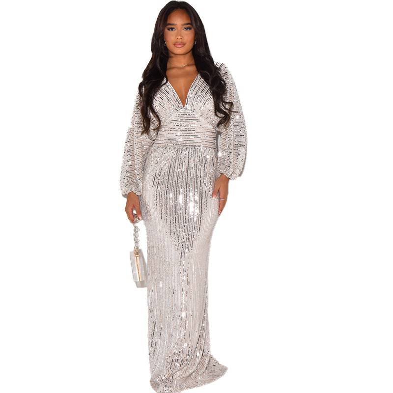 Exposed Sleeve Sexy Sequined Long Dress - Clothing Personality