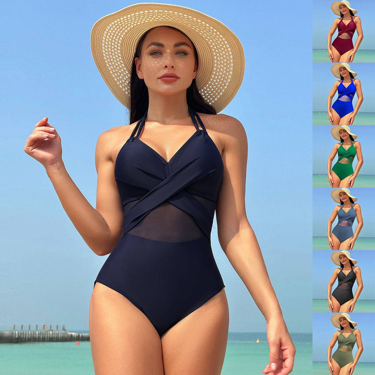 Halter-neck One-piece Swimsuit Summer Solid Color Cross-strap Design Mesh Bikini Beach Vacation Womens Clothing - Clothing Personality