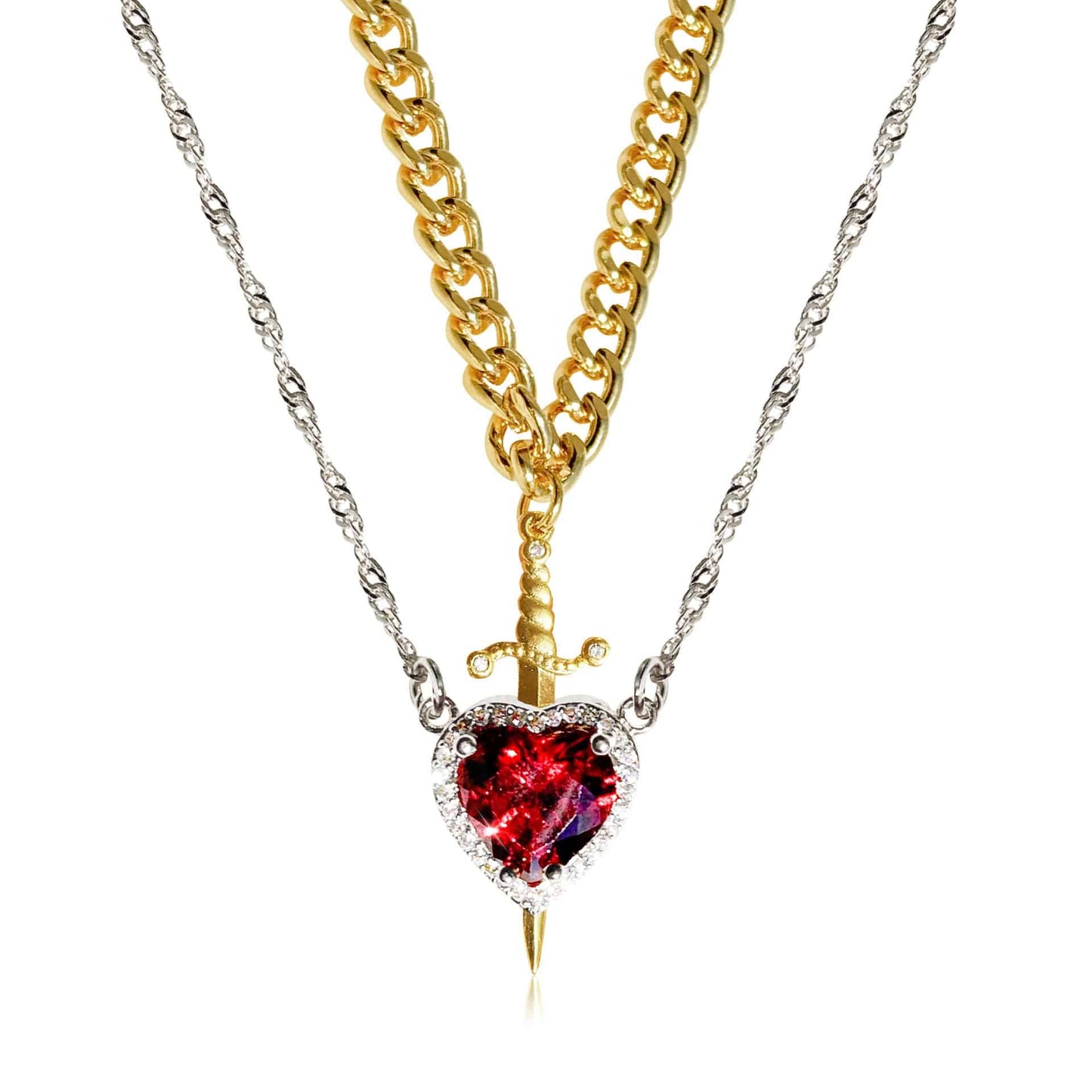 Gothic Punk One Arrow Through The Heart Creative Two Color Couple Necklace Red Rhinestone Heart Dagger Necklace Good Friend Gift Fashion Jewelry - Clothing Personality
