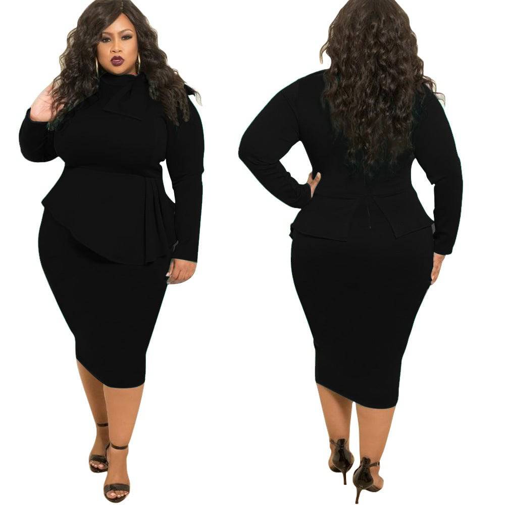 Women's Plus Size Bow Long Sleeve Dress - Clothing Personality