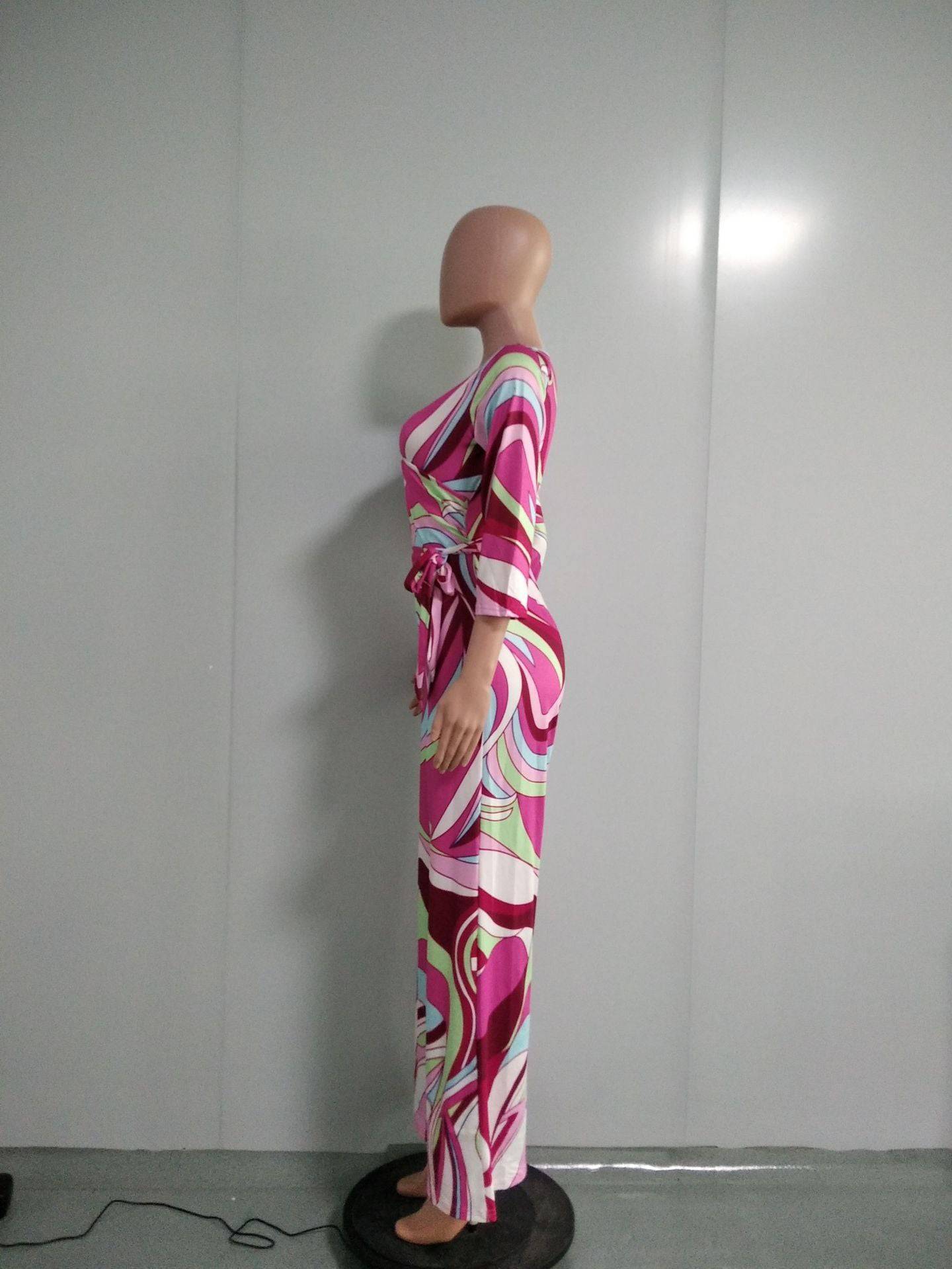 Women's V-Neck Long Sleeve Print Jumpsuit - Clothing Personality