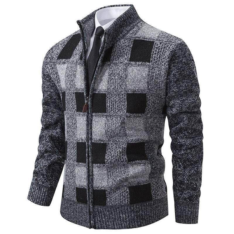 Men's New Winter Zip Up Sweater Knit Cardigan Block Print Male - Clothing Personality