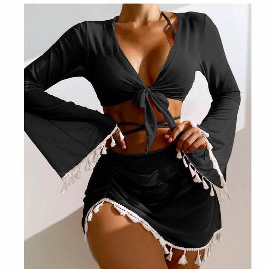 4pcs Solid Color Bikini With Short Skirt And Long Sleeve Cover-up Fashion Bow Tie Fringed Swimsuit Set Summer Beach Womens Clothing - Clothing Personality