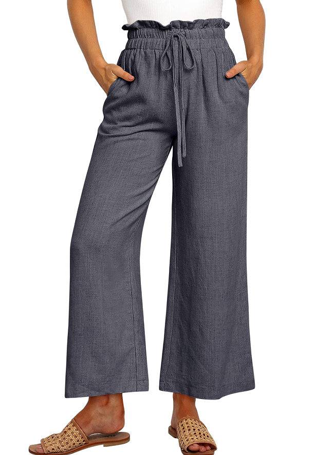 Elastic Waistband Lace-up Wide Leg Pants Solid Color Cropped Pants - Clothing Personality