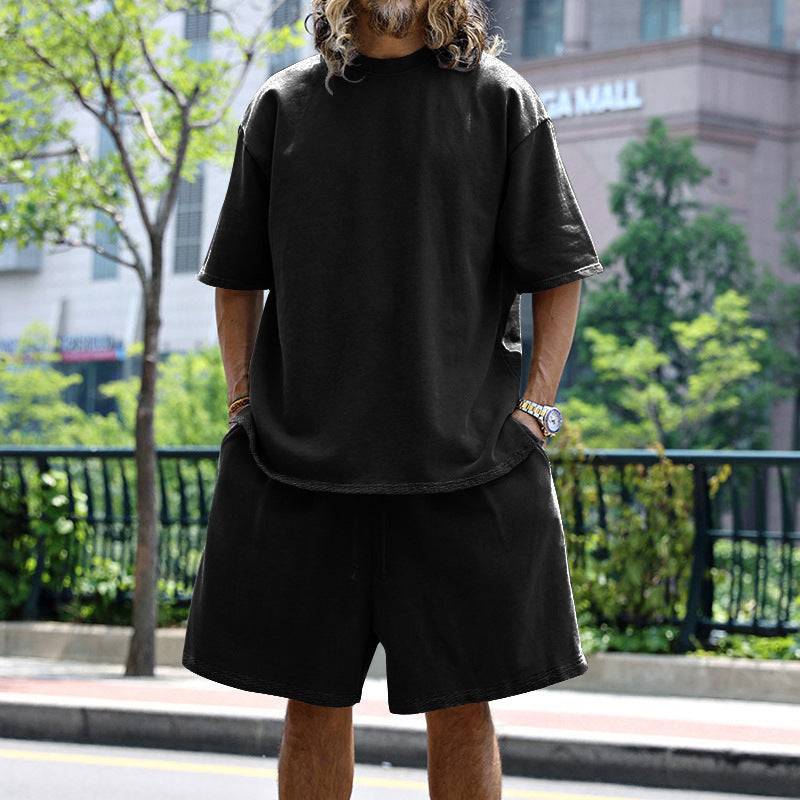 2pcs Loose Sports Shorts Set Suits Summer Round Neck Short Sleeve T-shirt And Drawstring Pockets Shorts Casual Solid Color Set Mens Clothing - Clothing Personality