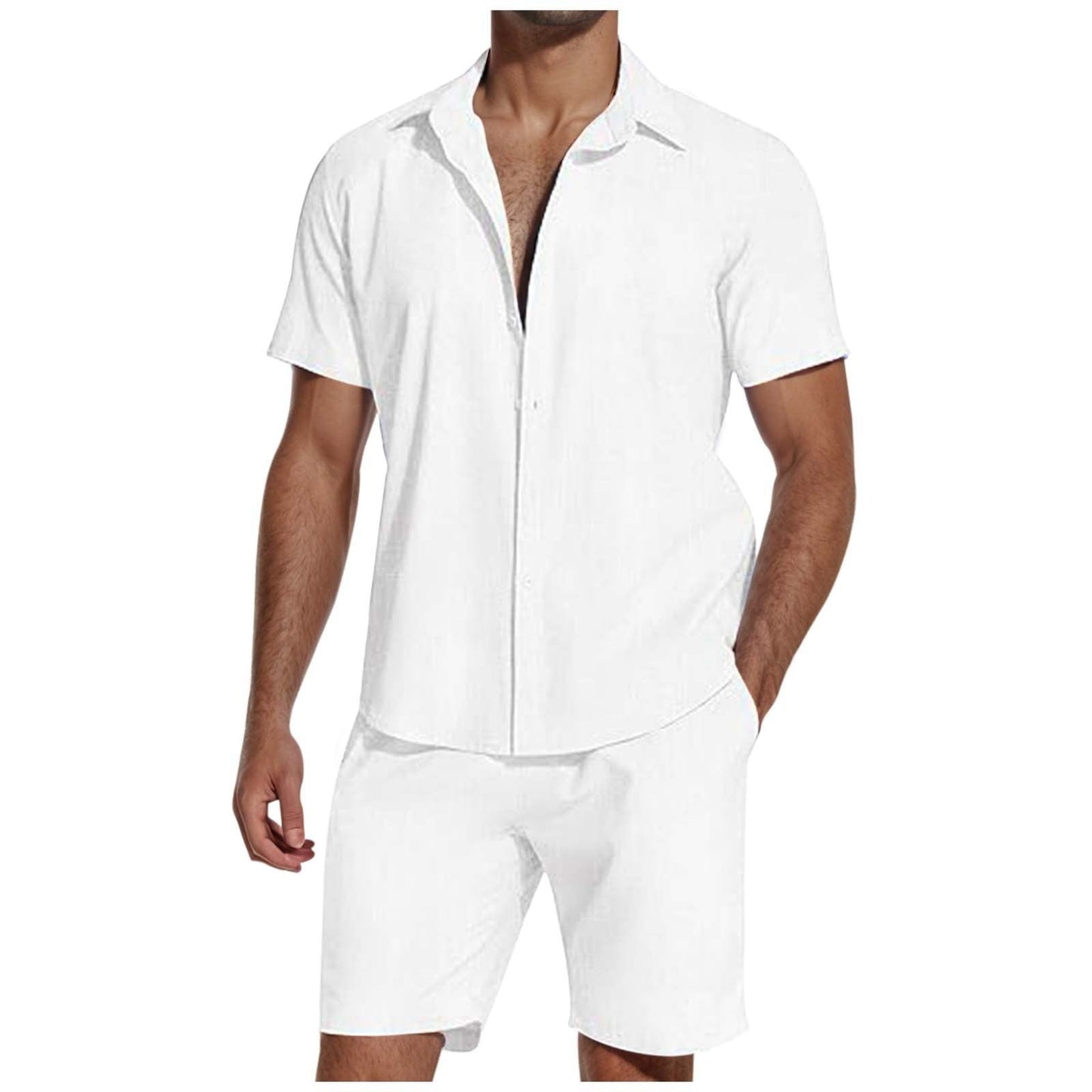 Short Sleeve Lapel Linen Shirt and Shorts Set Men - Clothing Personality