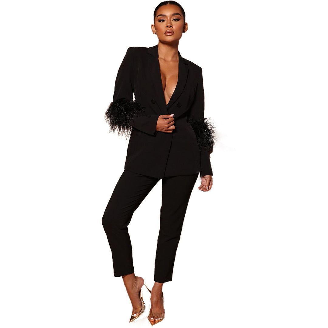 Women's Ostrich Fur Two-piece Lapel Pants Suit - Clothing Personality