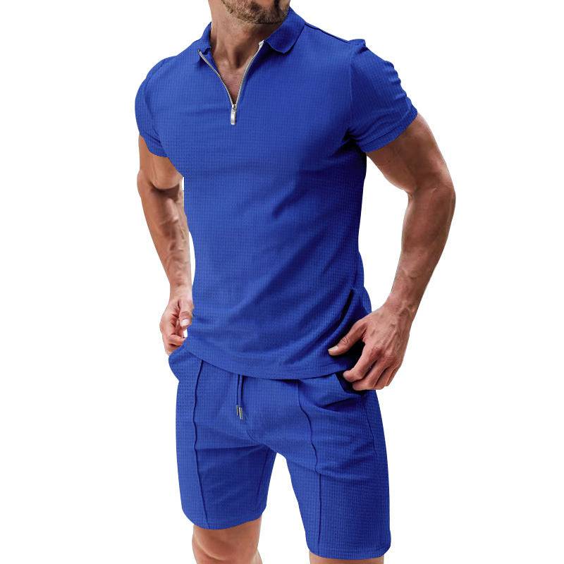 2Pcs Casual Waffle Suit Summer Zipper Lapel Short-sleeved Top And Drawstring Pockets Shorts Versatile Solid Color T-shirt Set For Mens Clothing Royal Blue