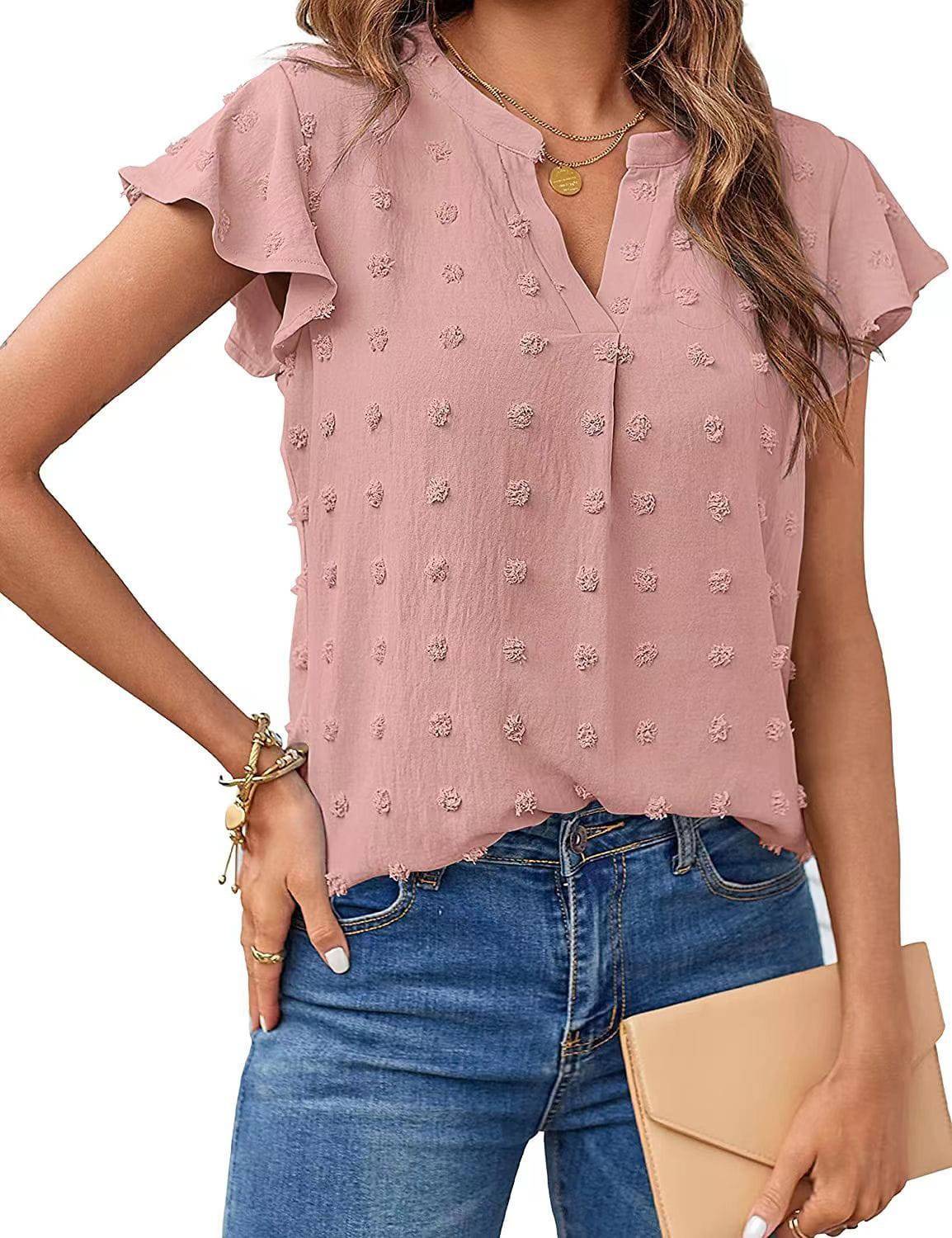 Women's Spring Summer V-Neck Ruffle Short Sleeve Blouse Dot Flowy Shirt Top - Clothing Personality