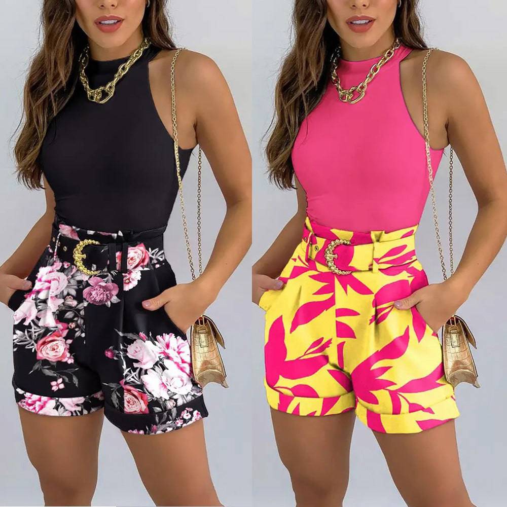 Floral Printed Sleeveless Tank Top Mini Shorts Set Vest Casual Shorts Suit Women - Clothing Personality