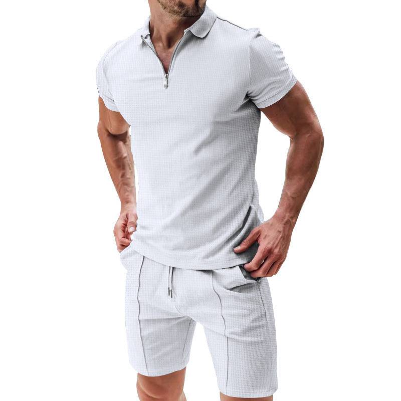 2Pcs Casual Waffle Suit Summer Zipper Lapel Short-sleeved Top And Drawstring Pockets Shorts Versatile Solid Color T-shirt Set For Mens Clothing White