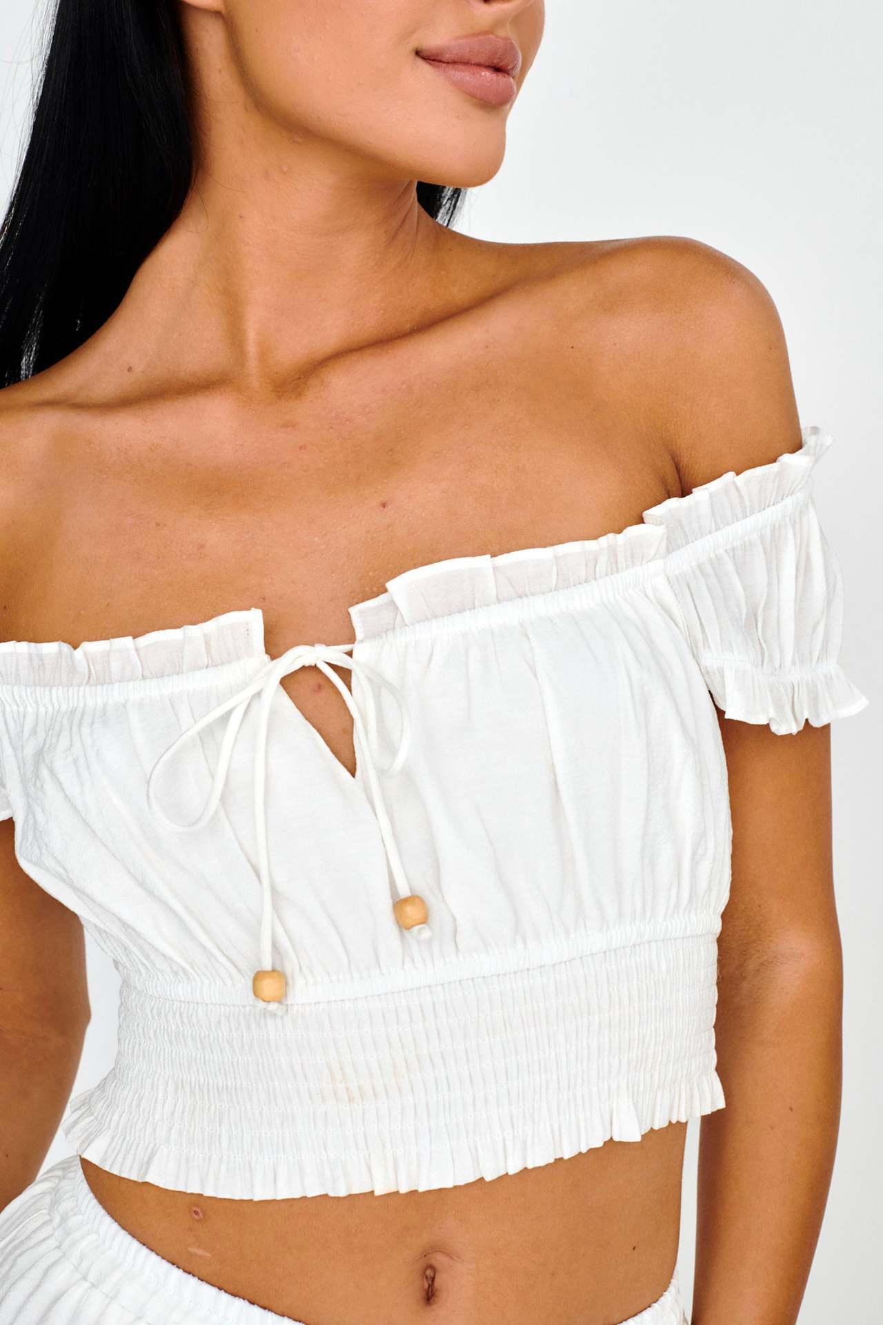 Women's Boho White Two-Piece Top and Bottom Cropped Lace-Up Top Flowy A-line Tiered Layered Ruffle Hem Pilgrim Skirt Matching Fashion Set Suit Close Up Clothing Personality