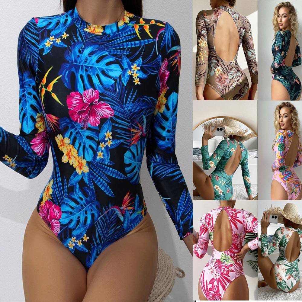 Women's Fashion Conservative Printed Long Sleeve One-piece Swimsuit - Clothing Personality