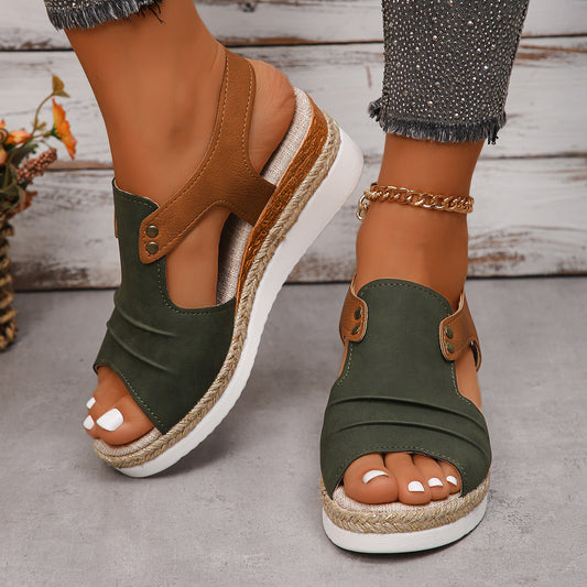 Fish Mouth Wedges Sandals With Straw Design Summer Peep Toe Buckle Beach Shoes For Women - Clothing Personality