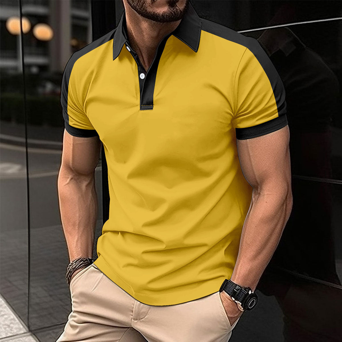 Men's Short Sleeve Business Shirt Summer Casual Polo Shirts Yellow