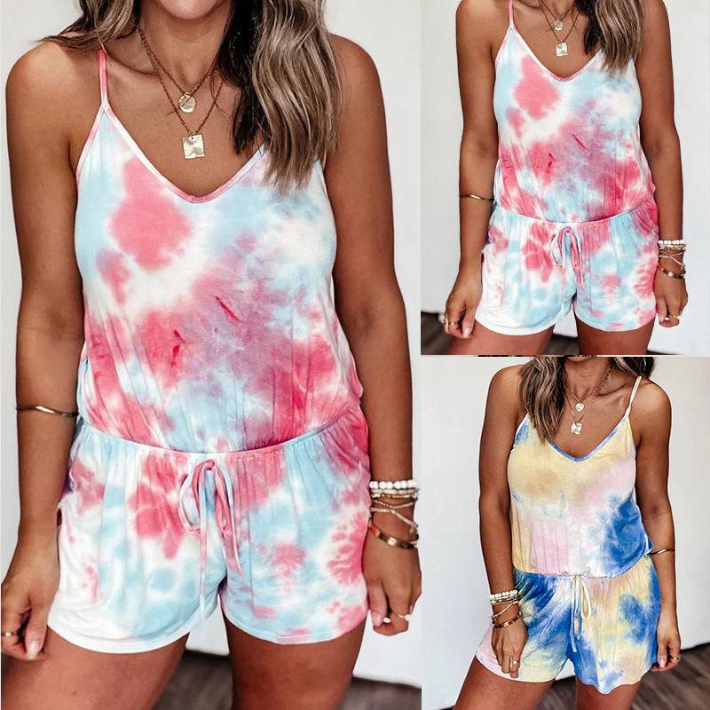 Women Tie-Dye Printed Suspender Shorts - Clothing Personality