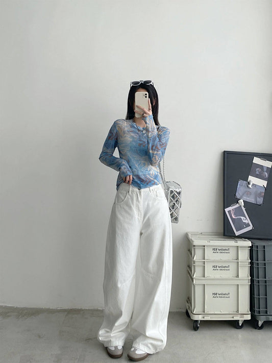 Retro Straight Solid White Jeans Women's Barrel Loose Wide-leg Pants - Clothing Personality