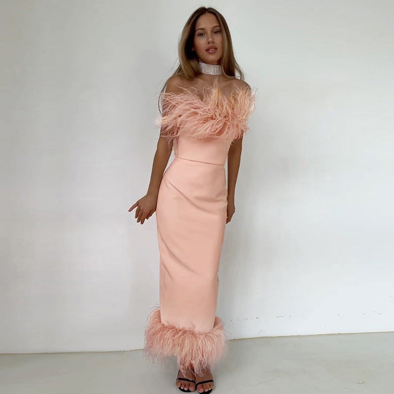 Women's Feminine Sleeveless Off-Shoulder Feather Pencil Bodycon Maxi Dress Rose Gold Soft Pink Salmon- Clothing Personality