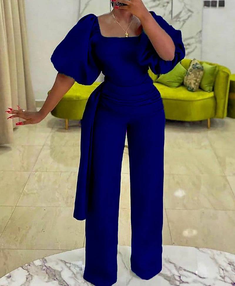 Dark Blue Women's Jumpsuit with Puff Sleeves and Belt - High Rise Design