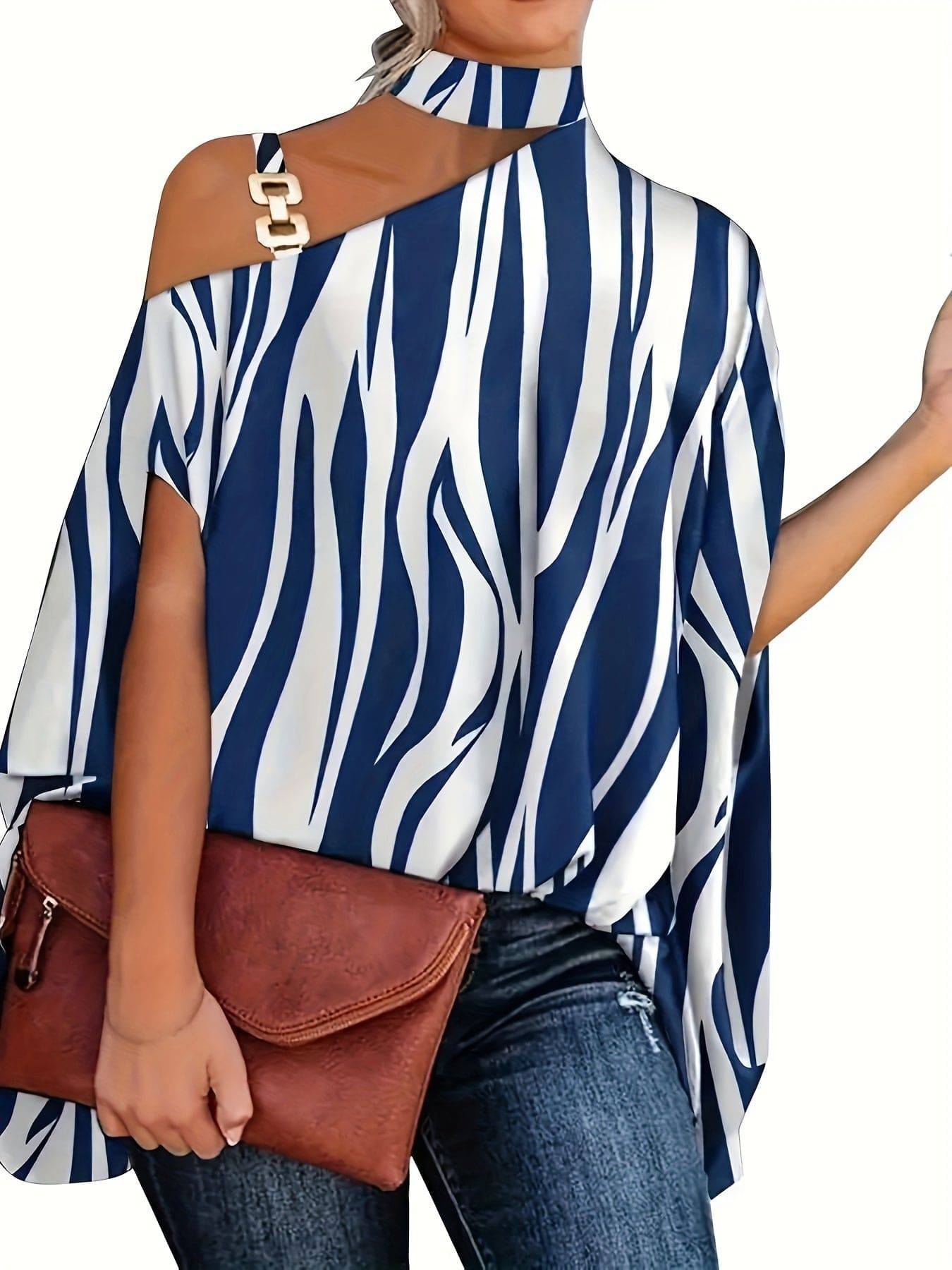 Leaves Print One Shoulder Blouse, Elegant Chain Strap Mock Neck Short Sleeve Blouse For Spring & Summer, Women's Clothing - Clothing Personality
