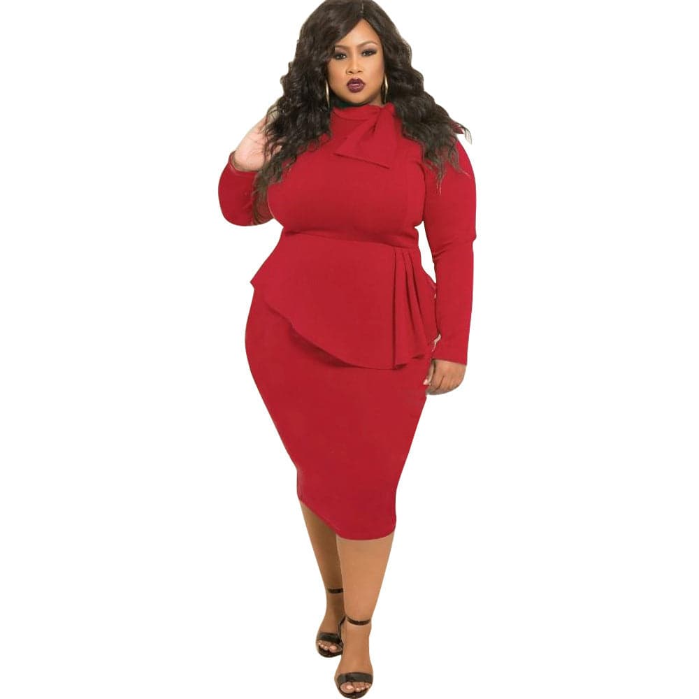 Women's Plus Size Bow Long Sleeve Dress - Clothing Personality