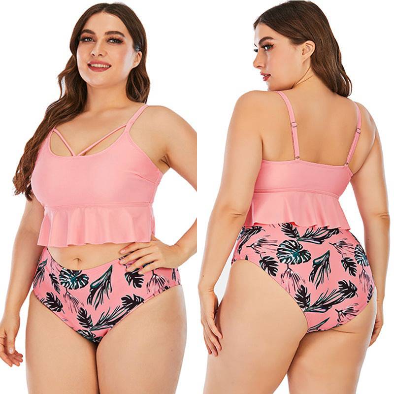 Swimsuit Women's Triangle High Waist Printed Solid Color Tankini Swimsuit - Clothing Personality