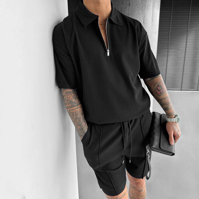 Spring Summer Fashion Men's Clothing Men's Chino Shorts Suit New Zipper Polo Casual Short Sleeve Shirt Drawstring Shorts Men's Set - Clothing Personality