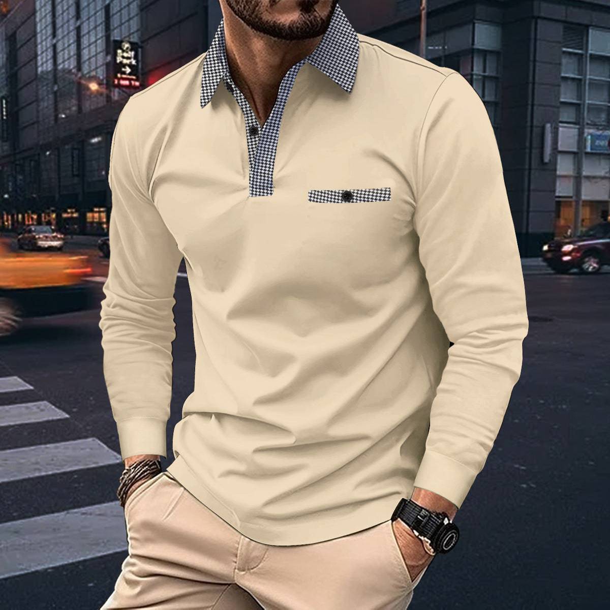 Leisure Plaid Lapel Polo Shirt Fashion Solid Color Long Sleeve Tops Men's Clothing - Clothing Personality