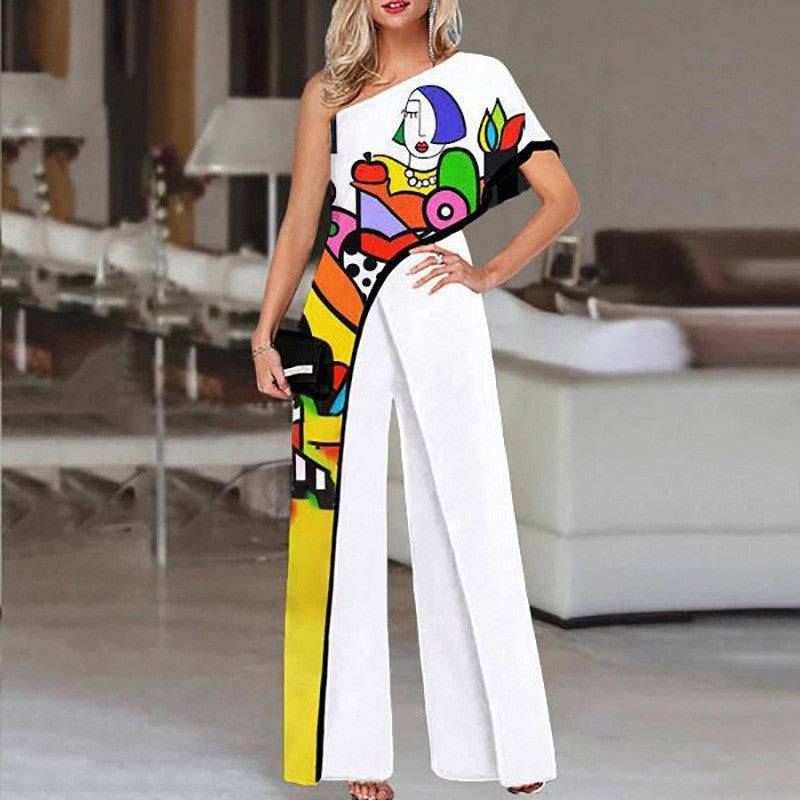 Women's Off Shoulder Printed One-Shoulder Short Sleeve Casual Wide Leg Pants - Clothing Personality