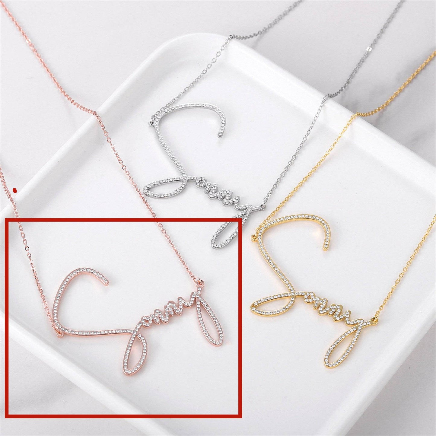 Personalized Bling Nameplate Necklace With Handwritten Signature Of Crystal Alphabet - Clothing Personality