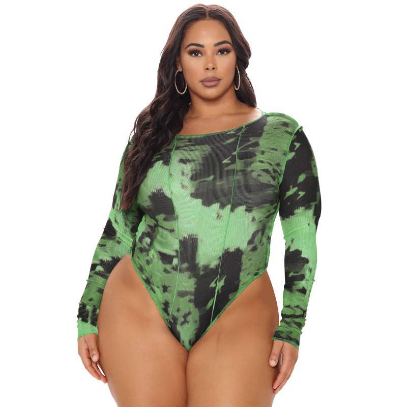 Women's Swimwear Round Neck Print Long Sleeves Plus Size Swimsuit - Clothing Personality