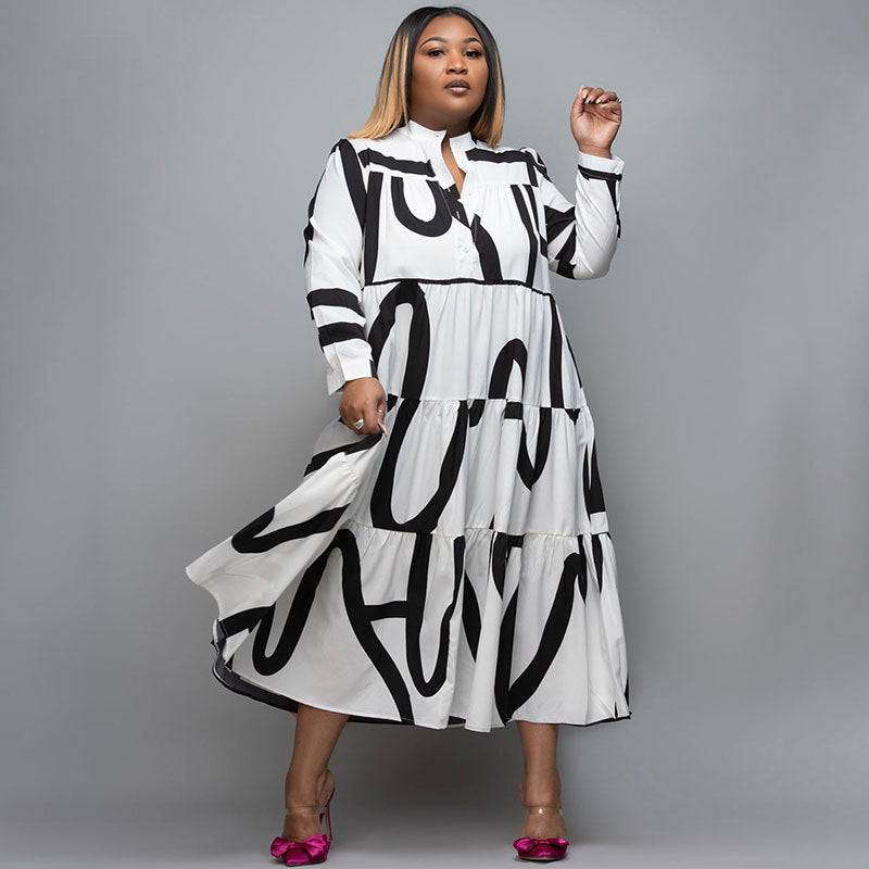 Ladies Printed Commuter Panel Shirt Plus Size Dress - Clothing Personality