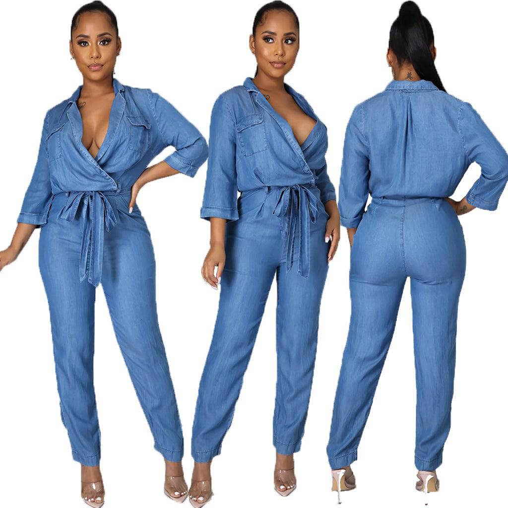 Close-up of premium denim fabric and stitching details on a stylish women's jumpsuit