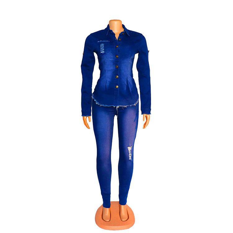 Women's Sexy Fashion Blue Denim Dark Wash V-neck Jumpsuit - Clothing Personality