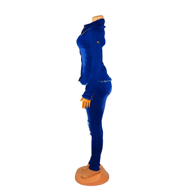Women's Sexy Fashion Blue Denim Dark Wash V-neck Jumpsuit - Clothing Personality