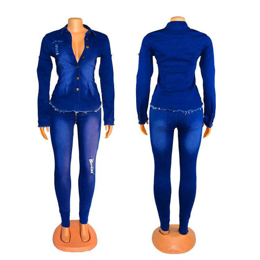 Women's Sexy Fashion Blue Denim Dark Wash V-neck Jumpsuit - Clothing Personality