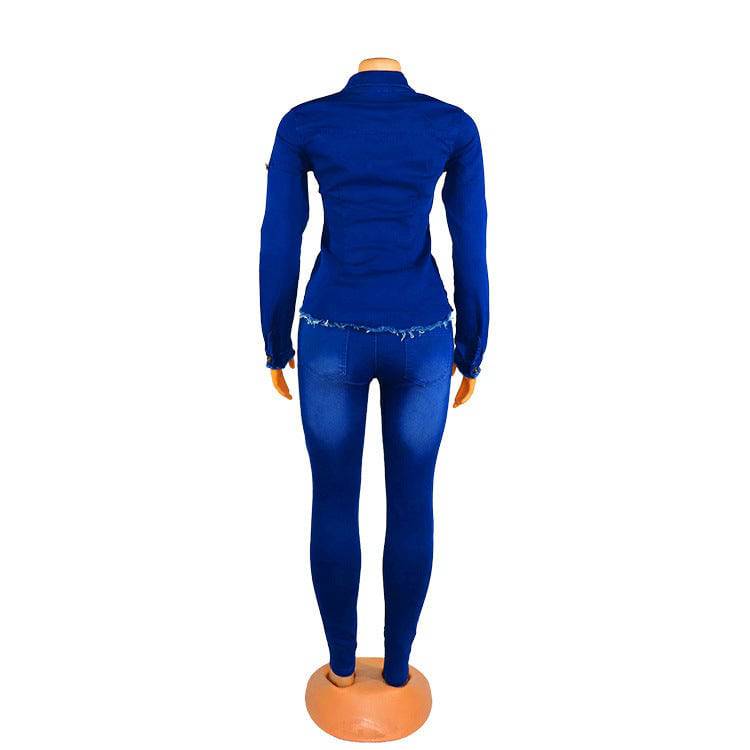 Women's Sexy Fashion Blue Denim Dark Wash V-neck Jumpsuit - Clothing Personality