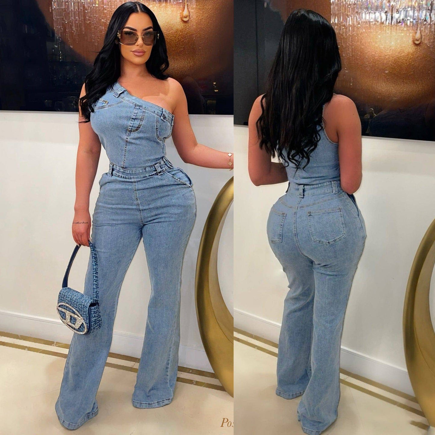 Slant Shoulder Tight Waist Slim Elastic Wash Denim Jumpsuit - Clothing Personality