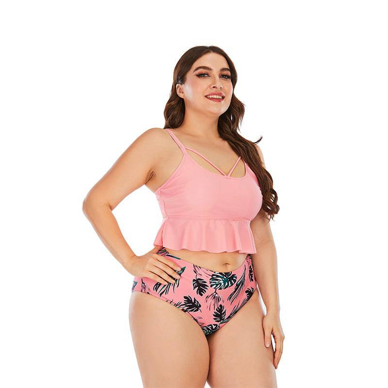 Swimsuit Women's Triangle High Waist Printed Solid Color Tankini Swimsuit - Clothing Personality