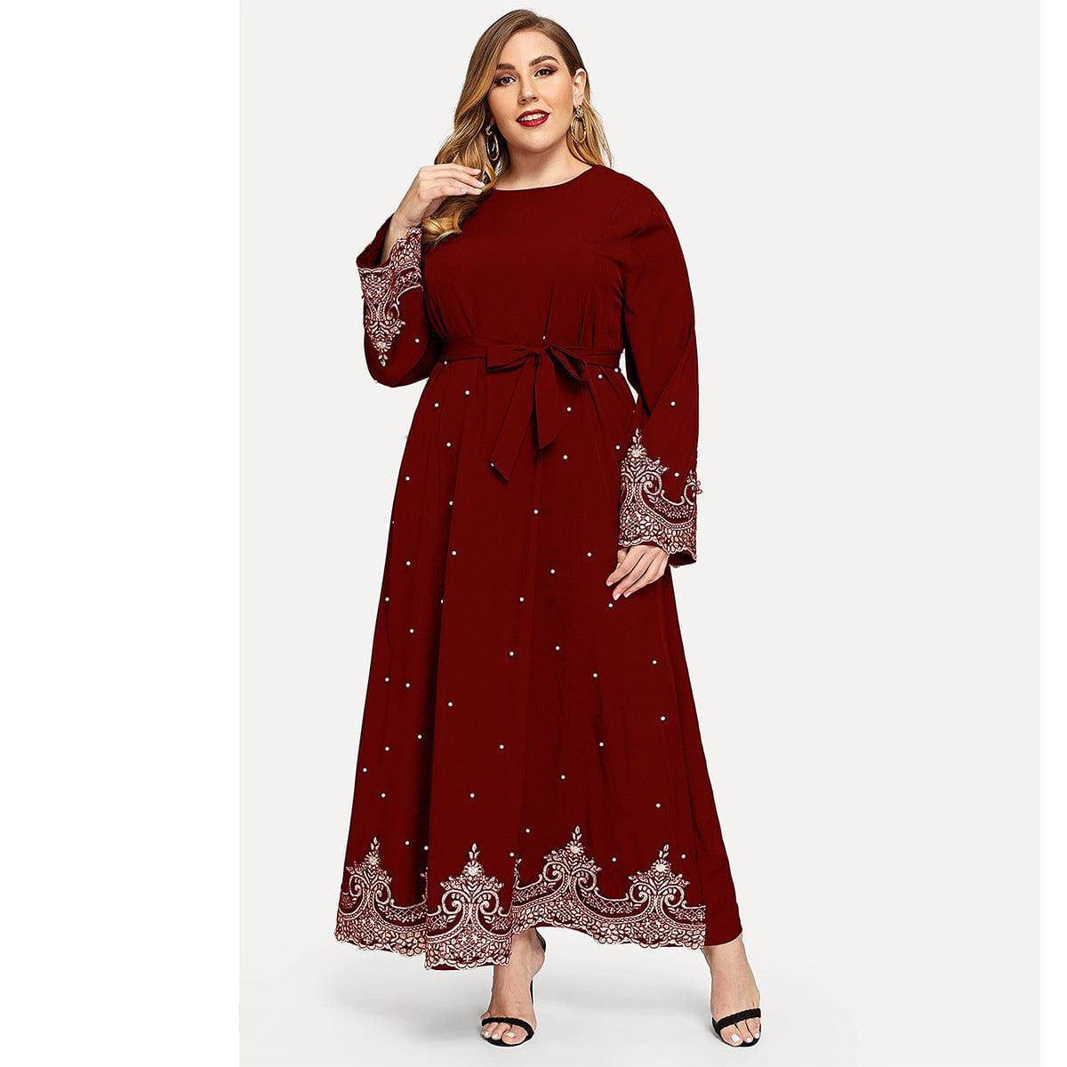 Embroidered Bead Long Sleeve Plus Size Women's Dress - Clothing Personality