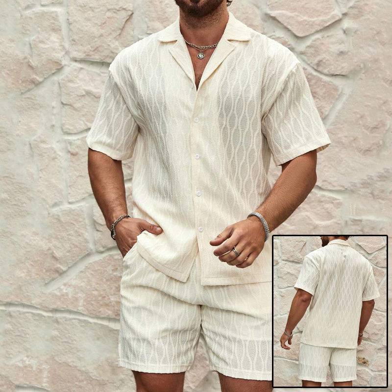 Men Tracksuits Summer Fashion Solid Loose Casual Two Pieces Lapel Button Shirt Shorts Beach Holiday All-match Outfits Male - Clothing Personality