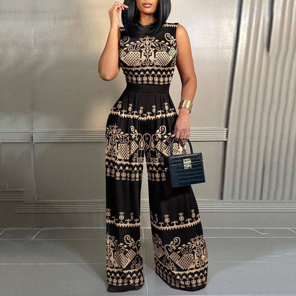 Spring Leisure Slim Print Sleeveless Women's Jumpsuit - Clothing Personality