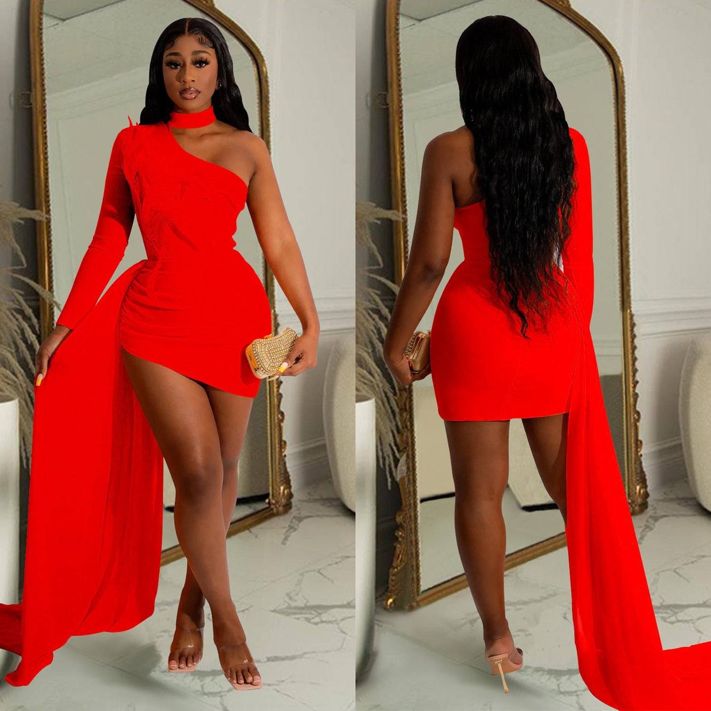 Women's Long Sleeve Sloping Asymmetric Hem One-Shoulder Mini Dress Bright Red - Clothing Personality