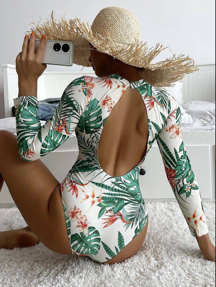 Women's Fashion Conservative Printed Long Sleeve One-piece Swimsuit - Clothing Personality