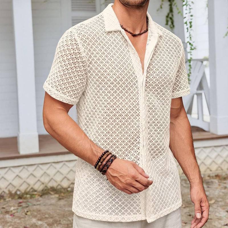 Men's Sheer Fashion Solid Color Polo Collar Shirt Short Sleeve Mesh Shirt Tops Men Clothing - Clothing Personality