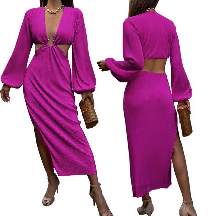 Women's Hollow Out Cut Out Waistless Long Sleeve Dress Fashion Pleated Women's Dresses - Clothing Personality